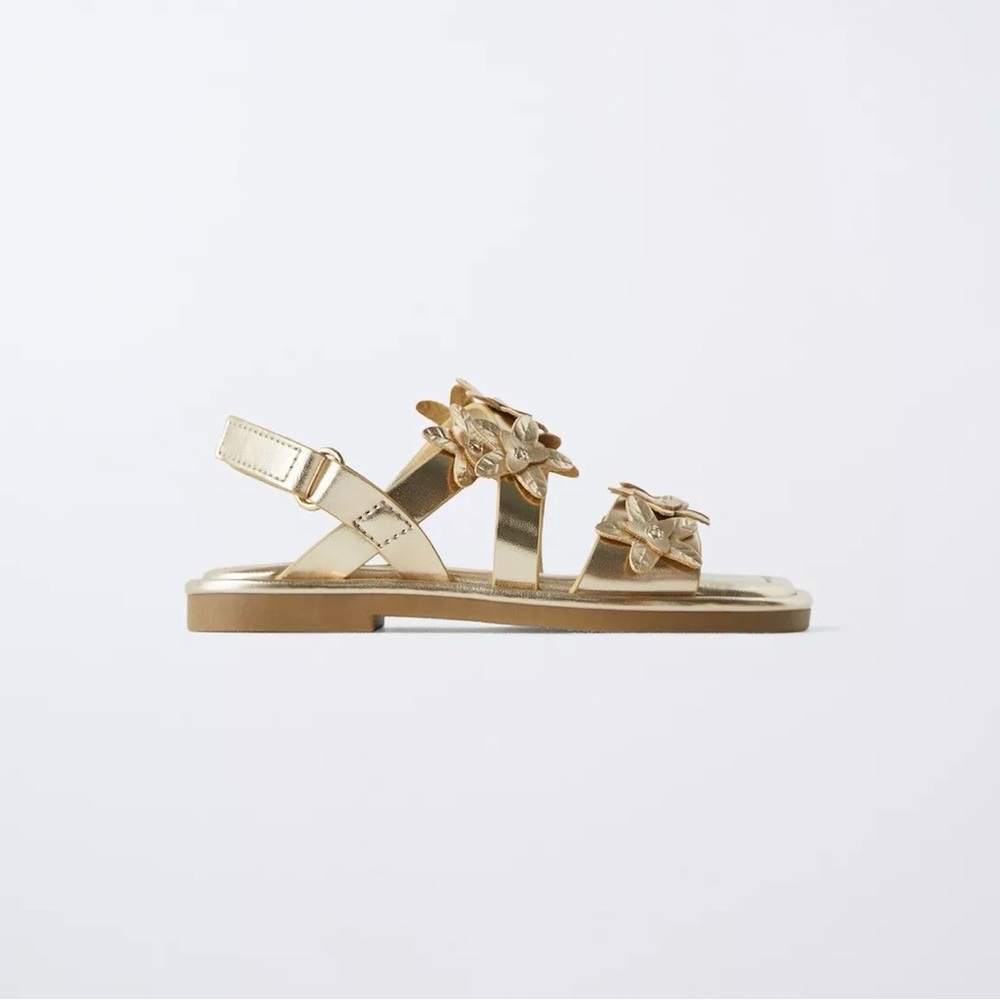 Zara Gold Kids Sandals with Floral Design